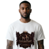 Studio portrait mockup of a tattooed male model on a clean white background, wearing a premium white Essentia Collective graphic streetwear t-shirt featuring a large bronze, gold, and dark purple gothic emblem reading No Explanations.