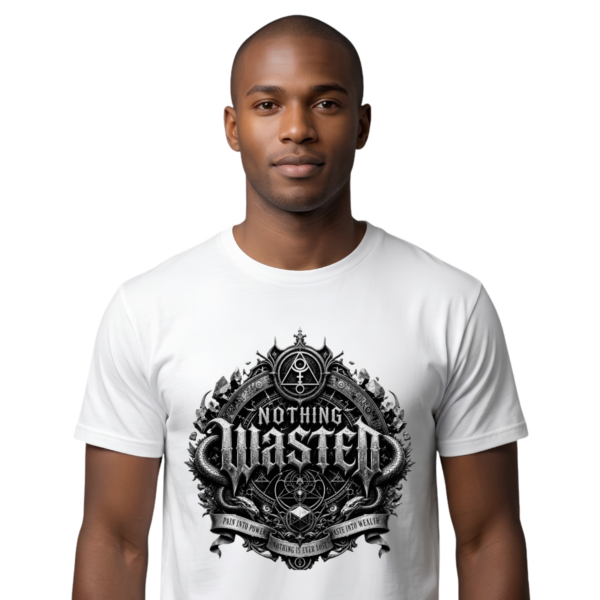 Nothing Wasted Gothic Streetwear White T-Shirt Studio portrait mockup of a male model on a clean white background, wearing a premium white Essentia Collective graphic streetwear t-shirt with a prominent black and silver gothic emblem reading Nothing Wasted