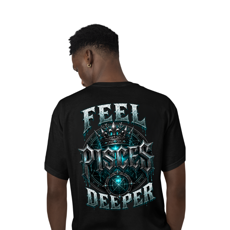 Model wearing Pisces Feel Deeper gothic streetwear black T-shirt