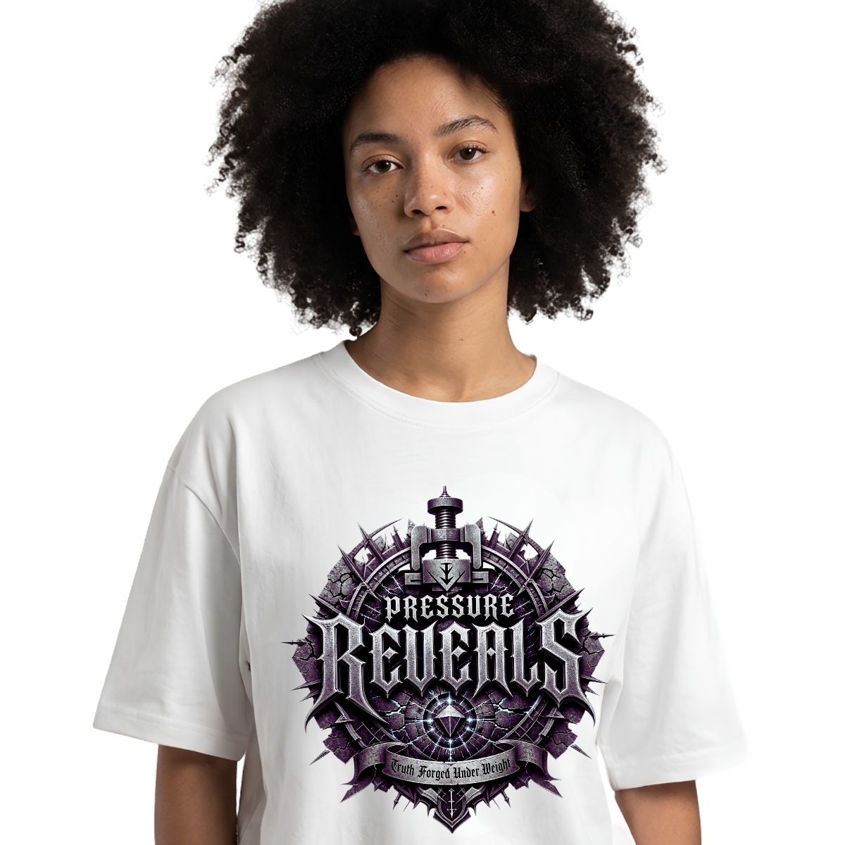Studio portrait mockup of a female model with an afro on a clean white background, wearing an oversized white Essentia Collective graphic streetwear t-shirt with a prominent purple, black, and silver gothic emblem reading Pressure Reveals.