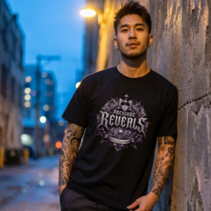 male model leaning against a raw concrete wall in a gritty urban alleyway at twilight, wearing a black premium Essentia Collective graphic streetwear t-shirt featuring a purple and silver gothic chest graphic reading Pressure Reveals.