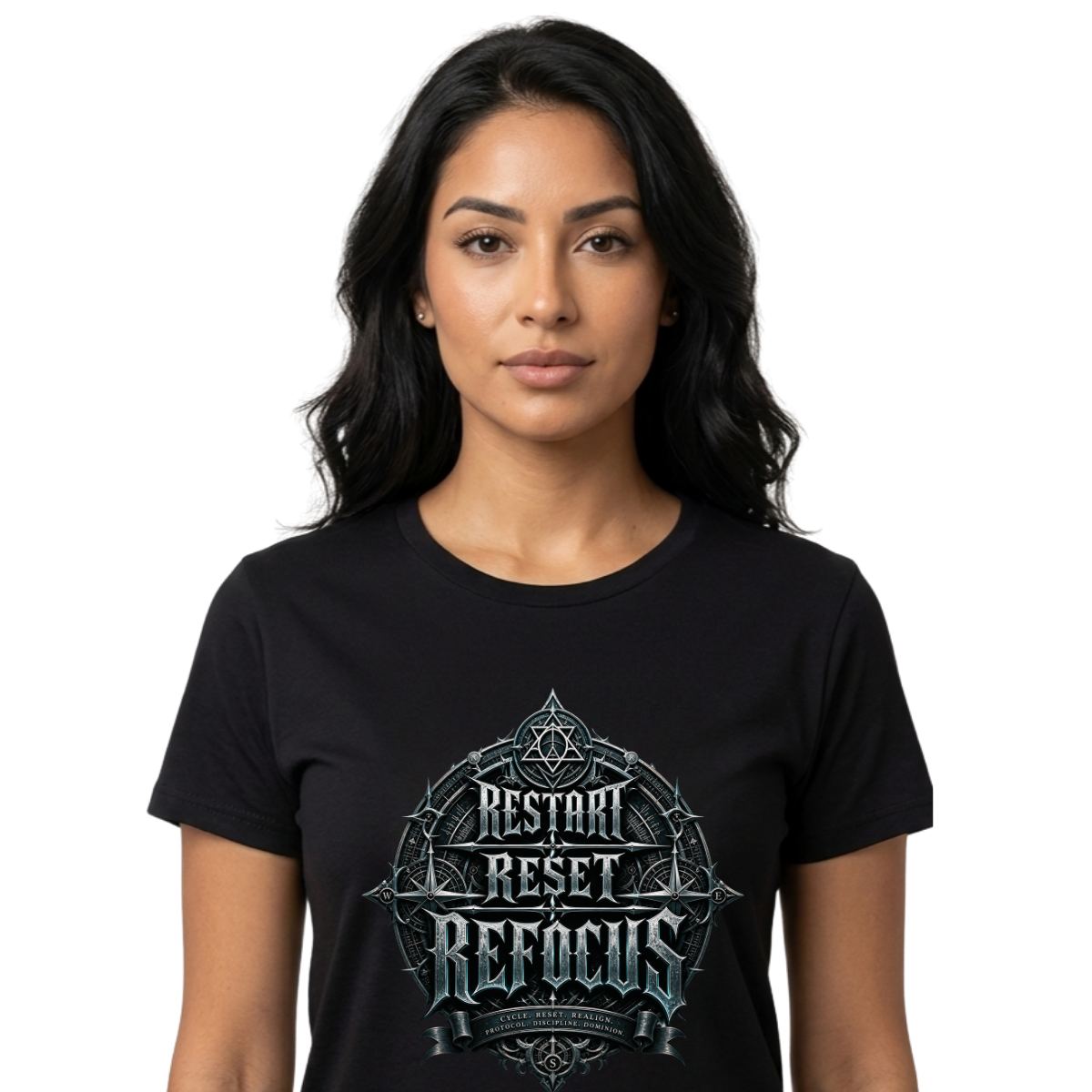 Female model wearing a black Essentia Collective t-shirt featuring a detailed silver gothic emblem with the text Restart Reset Refocus and alchemical symbols.
