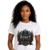 Rise From The Ashes Graphic White T-Shirt Studio portrait mockup of a female model with long curly hair on a clean white background, wearing a white graphic streetwear t-shirt with a prominent black, silver, and amber gothic crest reading Rise From The Ashes.