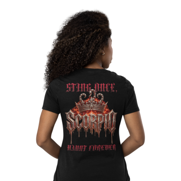 Model wearing Scorpio Sting Once Haunt Forever back gothic zodiac design