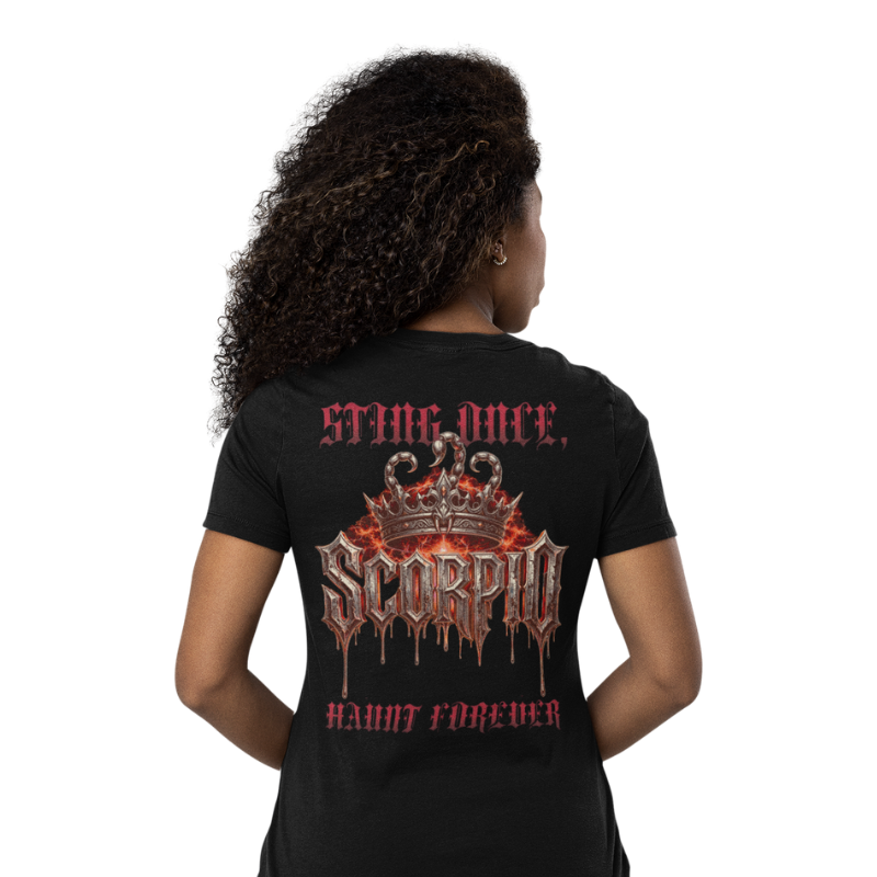 Model wearing Scorpio Sting Once Haunt Forever back gothic zodiac design