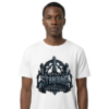 Studio portrait mockup of a male model on a clean white background, wearing a premium white Essentia Collective graphic streetwear t-shirt with a detailed silver and ice-blue gothic cathedral emblem reading Still Standing.