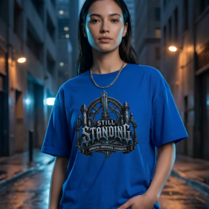 female model with long dark hair and a silver chain necklace standing in a wet urban alleyway at night with warm background lights, wearing a royal blue Essentia Collective graphic t-shirt reading Still Standing.