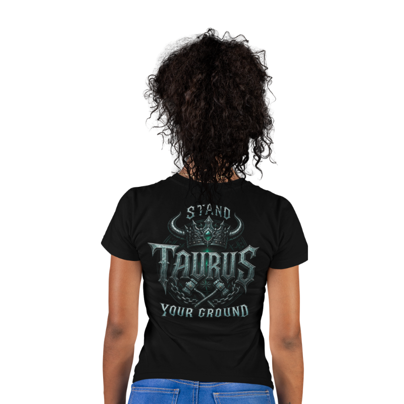 Model wearing black Taurus Stand Your Ground back gothic zodiac design