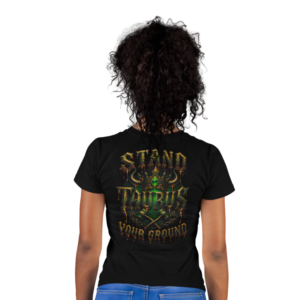 Model wearing Taurus Stand Your Ground front gothic zodiac design