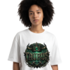 Female model wearing a premium blue graphic streetwear t-shirt featuring a detailed Taurus horned crown and hammers design by Essentia Collective.