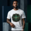 male model with arm tattoos leaning against a concrete pedestal, wearing a premium white graphic streetwear t-shirt featuring an intricate, gothic Taurus crown and emerald emblem design by Essentia Collective.
