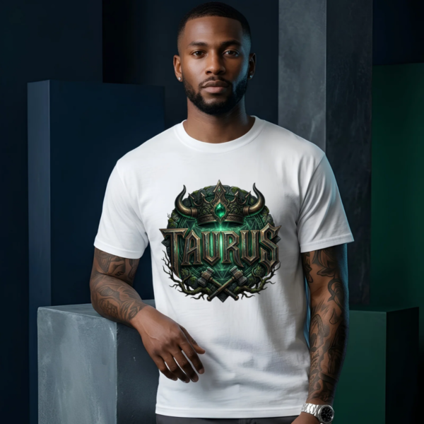 male model with arm tattoos leaning against a concrete pedestal, wearing a premium white graphic streetwear t-shirt featuring an intricate, gothic Taurus crown and emerald emblem design by Essentia Collective.