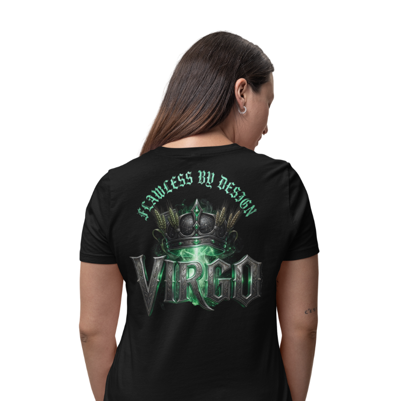 Model wearing Virgo Flawless by Design T-Shirt back gothic zodiac design