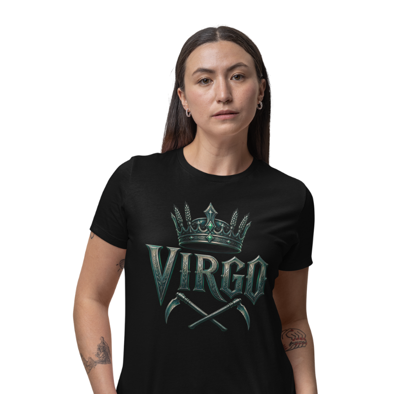 Model wearing Virgo Flawless by Design T-Shirt front gothic zodiac design