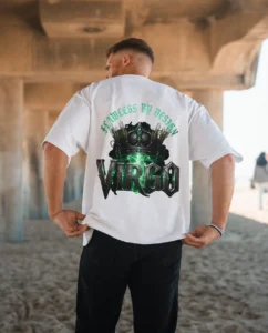 Model wearing Virgo Prowess gothic back graphic white streetwear T-shirt