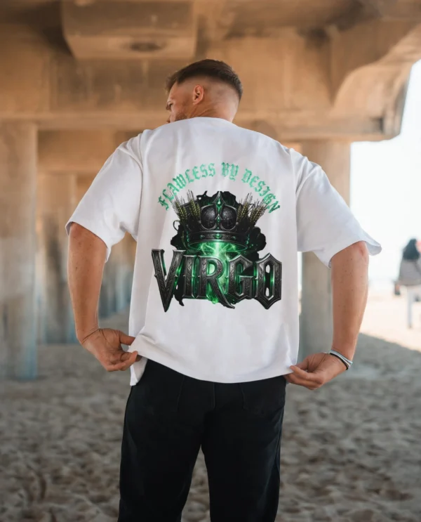 Model wearing Virgo Flawless by Design T-Shirt crown and emerald back graphic