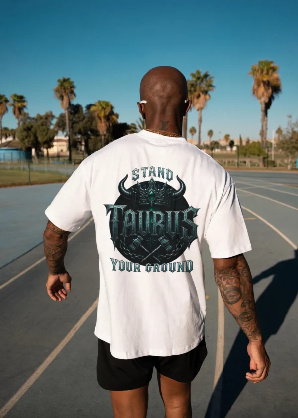 Model wearing white Taurus Stand Your Ground back gothic zodiac design