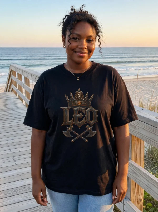 Model wearing Leo Crown Energy black gothic streetwear T-shirt