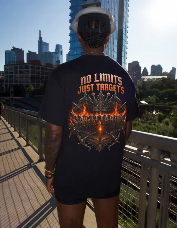 Sagittarius “No Limits, Just Targets” T-Shirt black_woman_urban_bridge