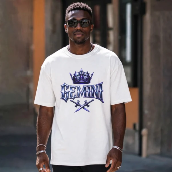 Model wearing Gemini Split Not Shallow white gothic streetwear tshirt