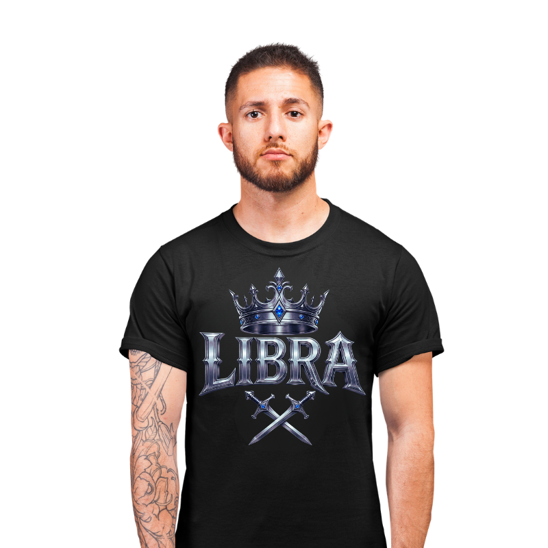 Model wearing Libra Scales Don’t Lie gothic front streetwear T-shirt