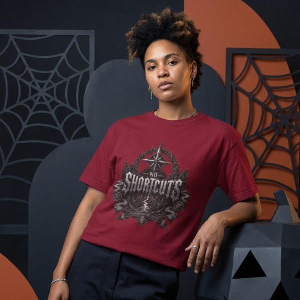 female model leaning on a dark geometric prop against an abstract black and burnt orange backdrop with web-like patterns, wearing a cardinal red Essentia Collective graphic t-shirt reading No Shortcuts.
