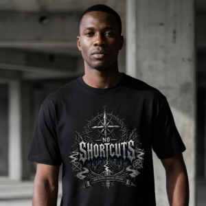 male model standing in an open raw concrete parking garage structures wearing a black premium Essentia Collective graphic streetwear t-shirt with a detailed silver gothic compass emblem reading No Shortcuts.