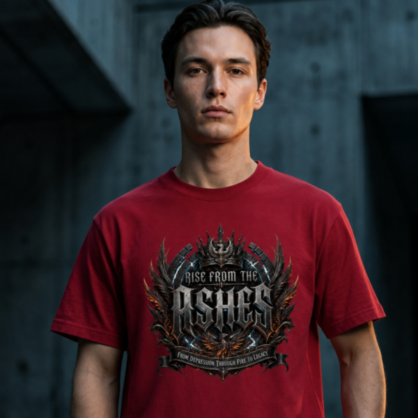 Rise From The Ashes Streetwear Cardinal red T-Shirt male model standing in front of a raw, dark brutalist concrete wall structure, wearing a cardinal red premium graphic t-shirt with an intricate gothic phoenix shield reading Rise From The Ashes