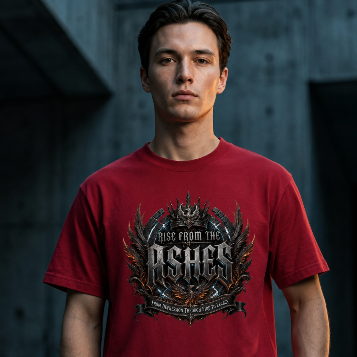 male model standing in front of a raw, dark brutalist concrete wall structure, wearing a cardinal red premium graphic t-shirt with an intricate gothic phoenix shield reading Rise From The Ashes