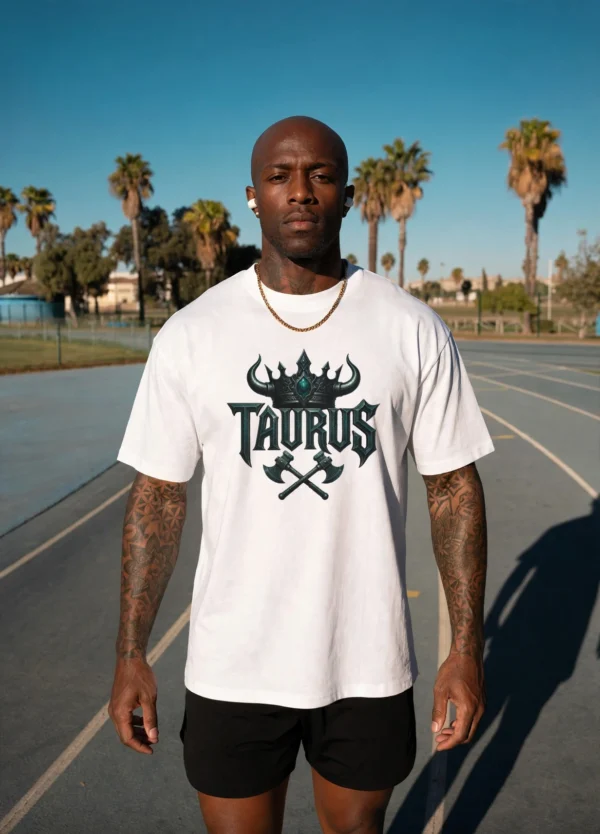 Model wearing white Taurus Stand Your Ground T-Shirt front gothic zodiac design