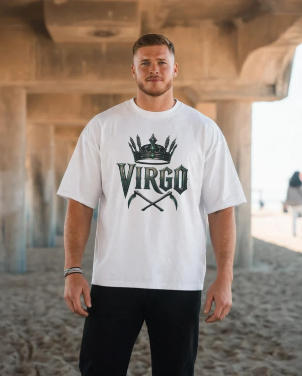 Model wearing Virgo Flawless by Design white T-Shirt front gothic zodiac design