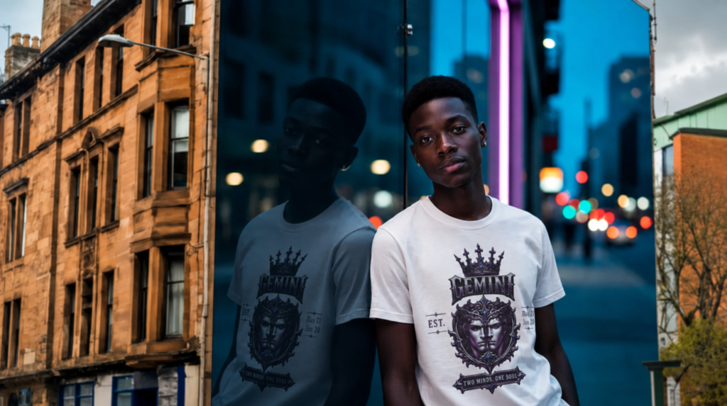 Male model wearing a white Gemini gothic zodiac graphic T-shirt beside a reflective city window