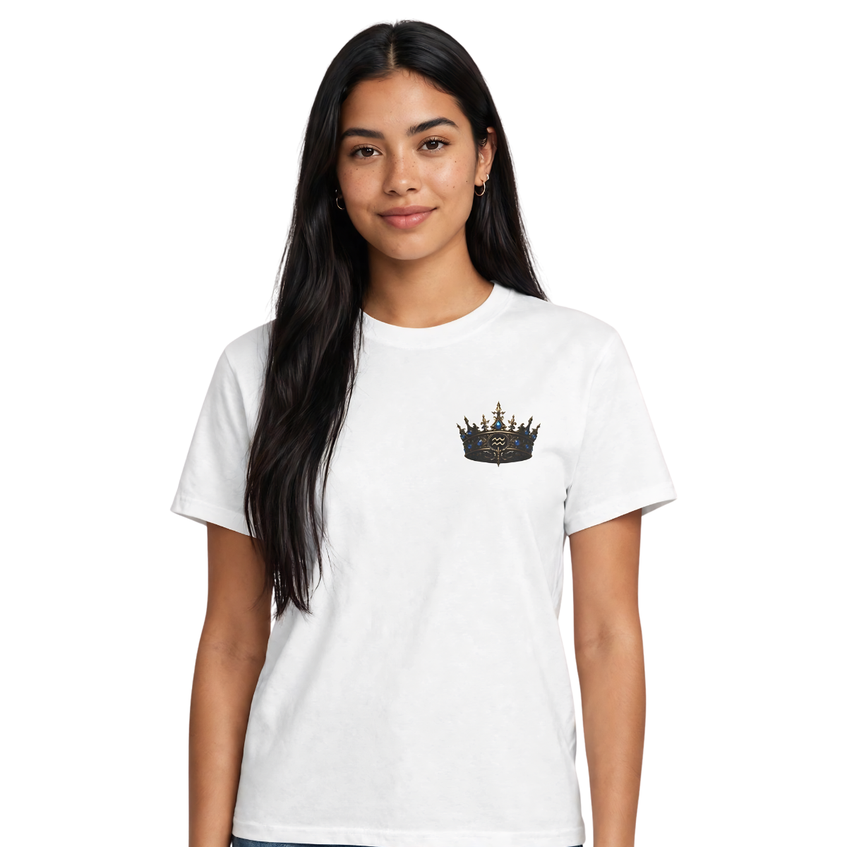 Aquarius zodiac T-shirt with embroidered Essentia crown chest crest