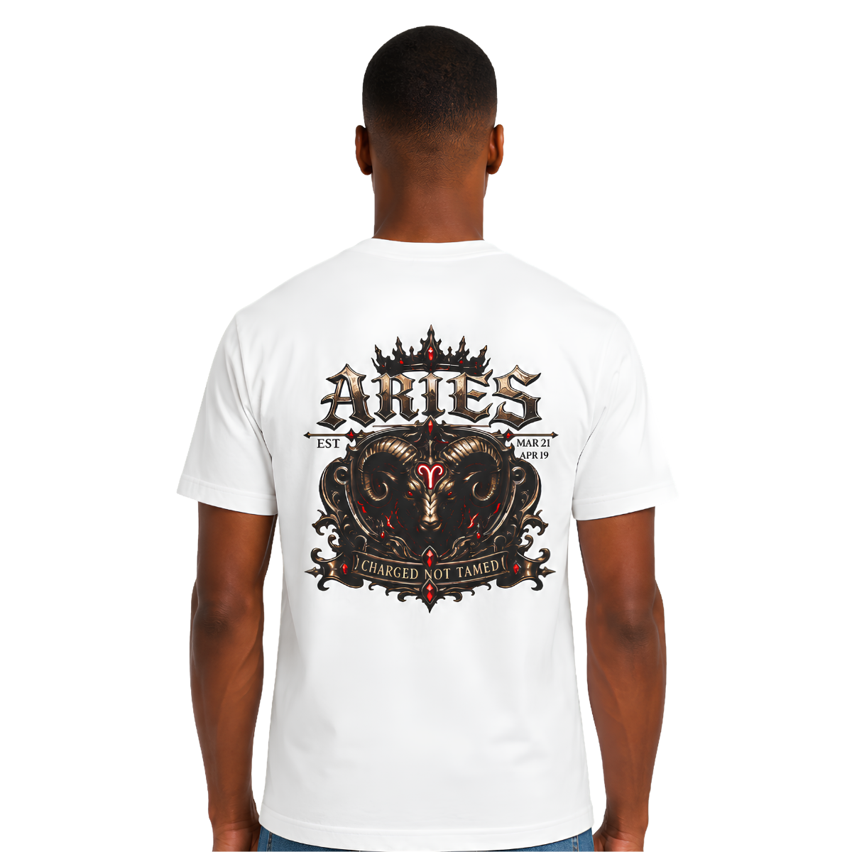 Aries Charged Not Tamed gothic Ram zodiac T-shirt back graphic