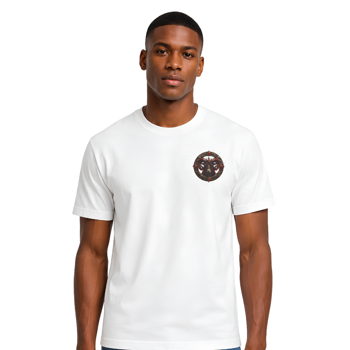 Aries Charged Not Tamed Zodiac T-Shirt | Essentia Collective Aries zodiac T-shirt with premium embroidered Ram front crest