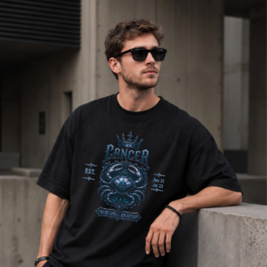 model wearing black Cancer Hard Shell, Big Heart gothic crest T-shirt