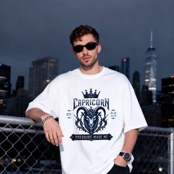 Capricorn Built By Discipline lifestyle mock Capricorn “Pressure Made Me” Gothic Zodiac Crest T-Shirt