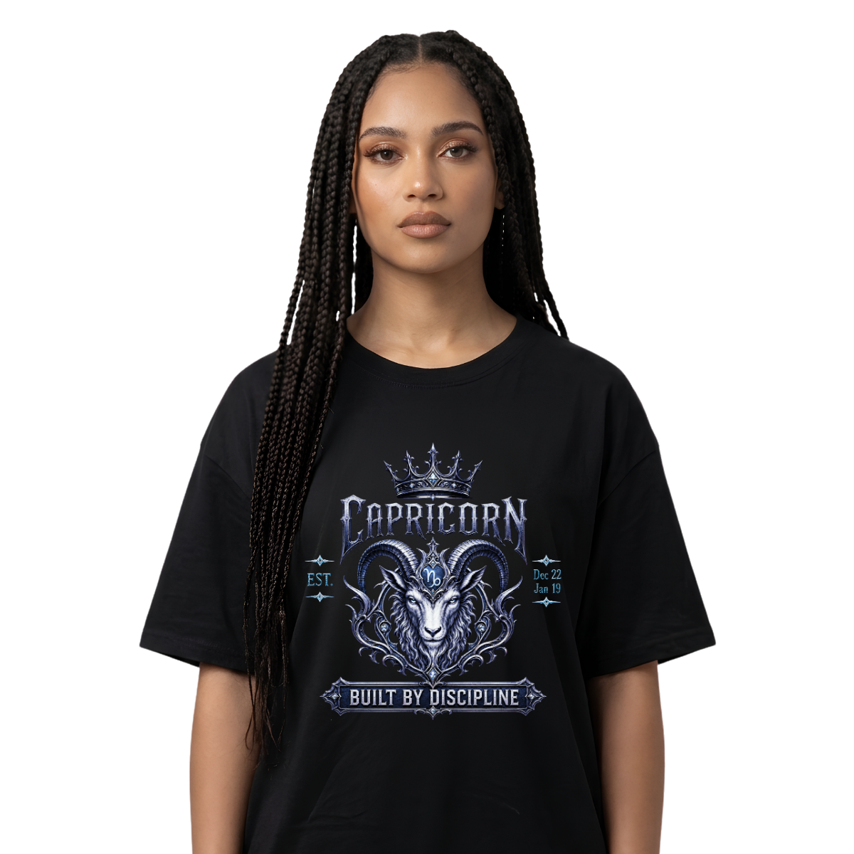 Capricorn Built By Discipline model mock model wearing black Capricorn Pressure Made Me gothic crest T-shirt