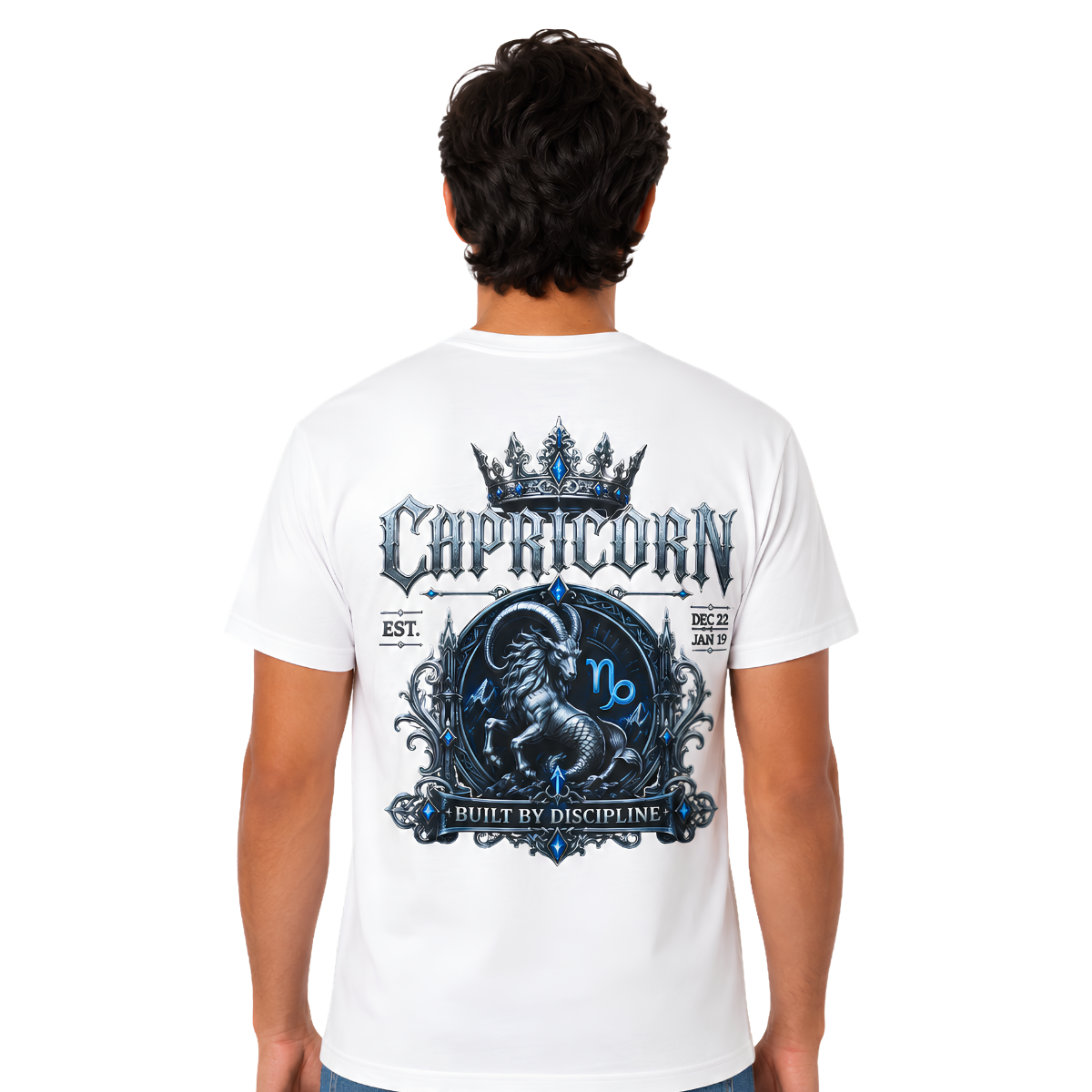 Capricorn Built by Discipline gothic Sea-Goat zodiac T-shirt back graphic