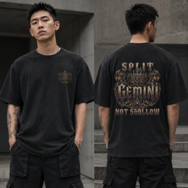 Gemini Split Not Shallow embroidered crown streetwear T-shirt