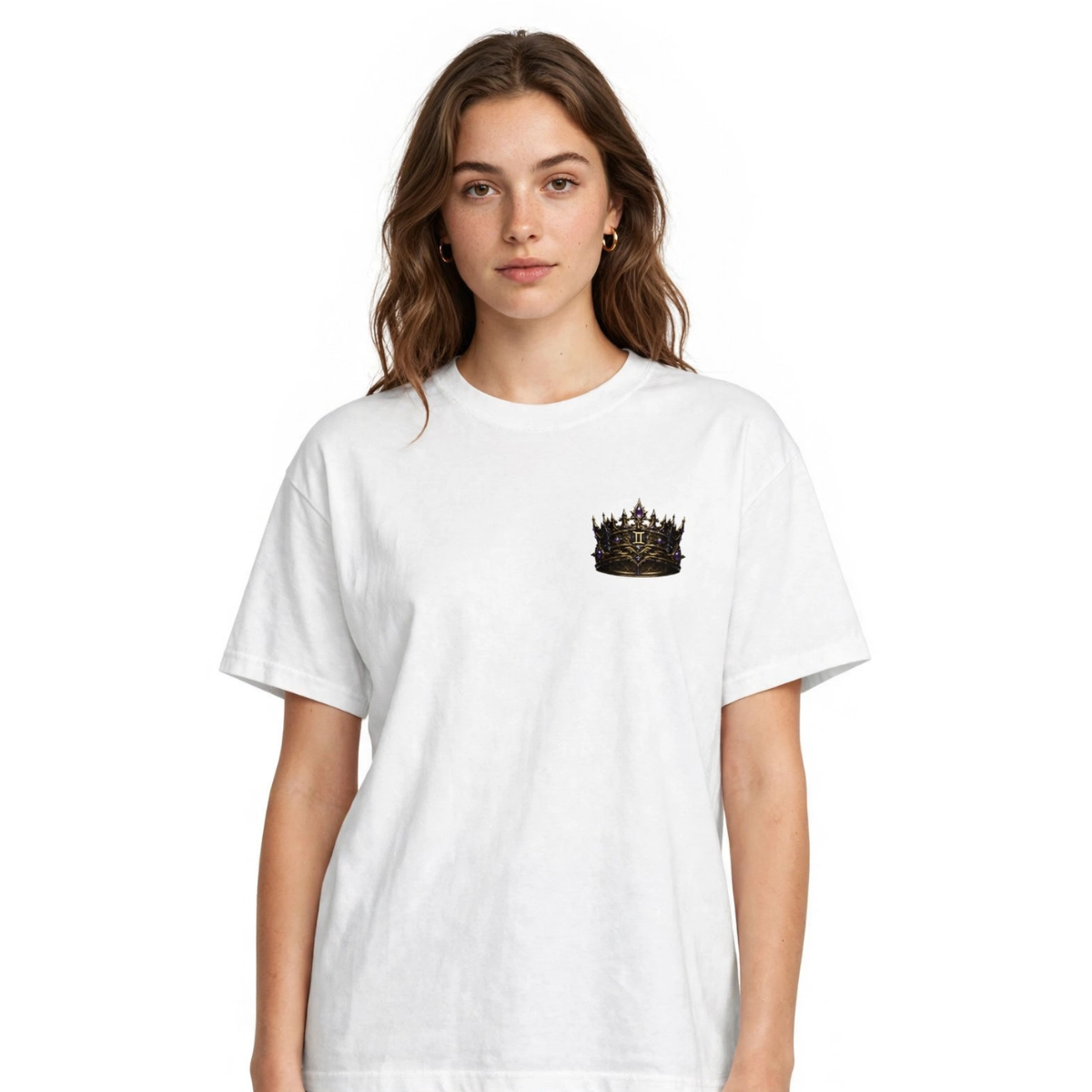 Gemini zodiac T-shirt with embroidered Essentia crown chest crest