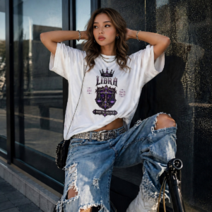 model wearing white Libra Born to Balance gothic crest T-shirt