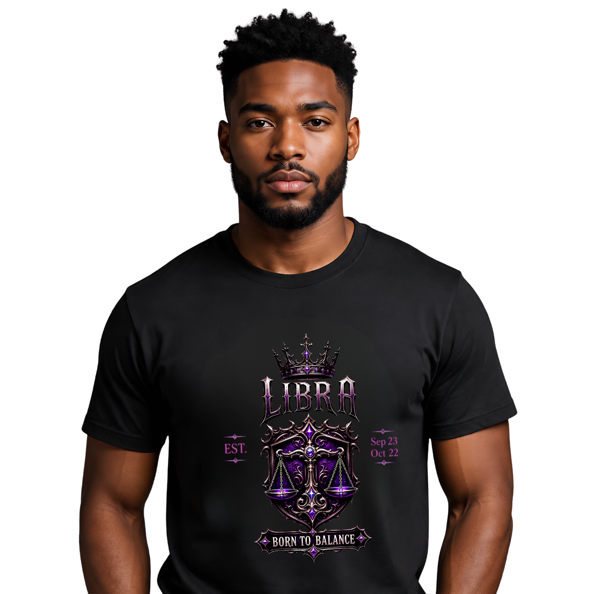Libra Born To Balance model mock Libra “Born to Balance” Gothic Zodiac Crest T-Shirt