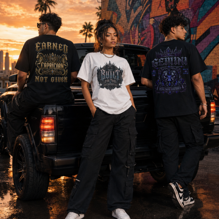 Three models wearing gothic graphic streetwear beside a black truck in an urban mural setting