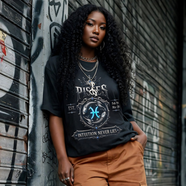 Pisces Feel Everything model mock (1) Pisces “Intuition Never Lies” Gothic Zodiac Crest T-Shirt