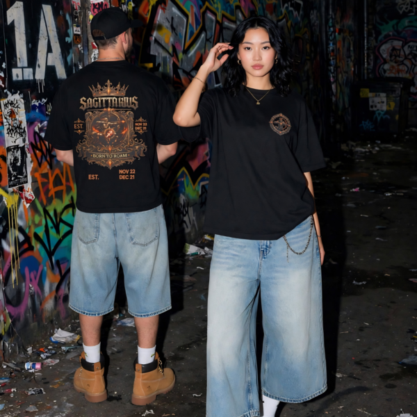 Sagittarius Born to Roam Zodiac T-Shirt | Essentia Collective Sagittarius Born to Roam embroidered crest gothic streetwear T-shirt