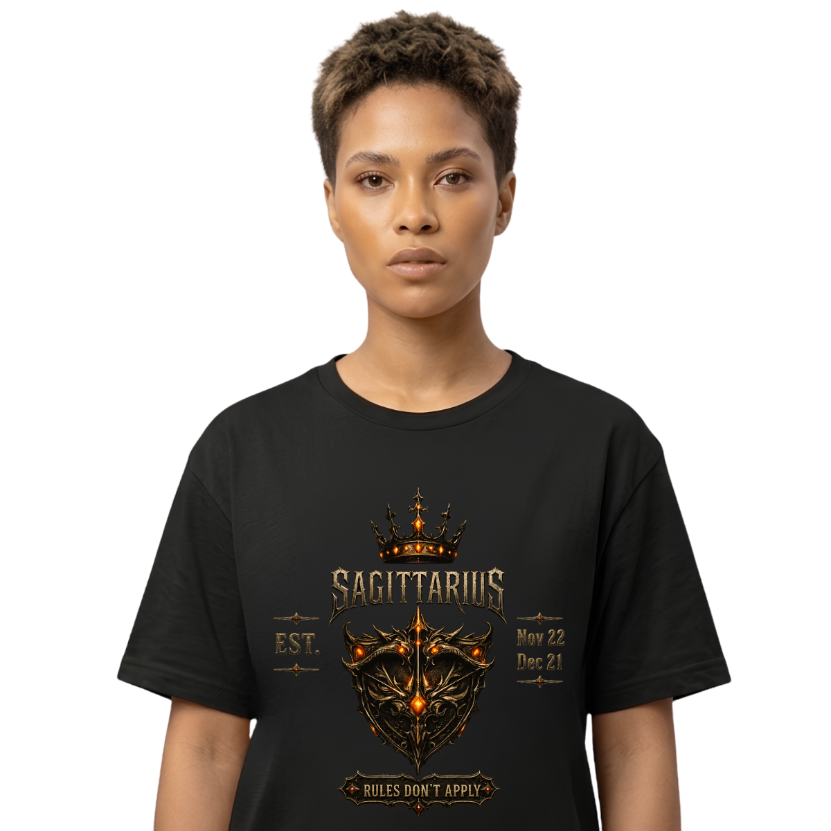 Sagittarius Wild & Free model mock (3) Sagittarius “Rules Don't Apply” Gothic Zodiac Crest T-Shirt