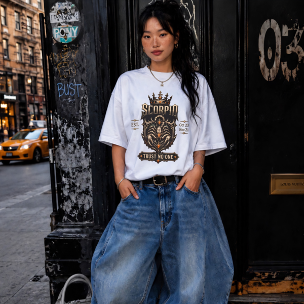 Scorpio Trust No One lifestyle mockup Scorpio “Trust No One” Gothic Crest T-Shirt