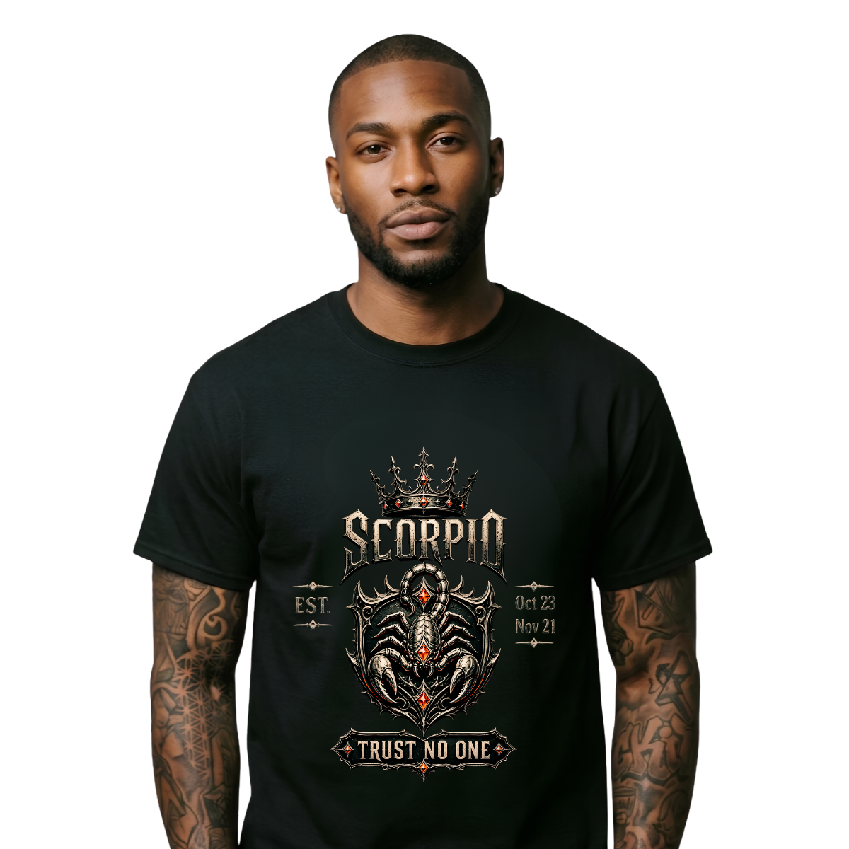 Scorpio Trust No One model mockup Scorpio “Trust No One” Gothic Crest T-Shirt