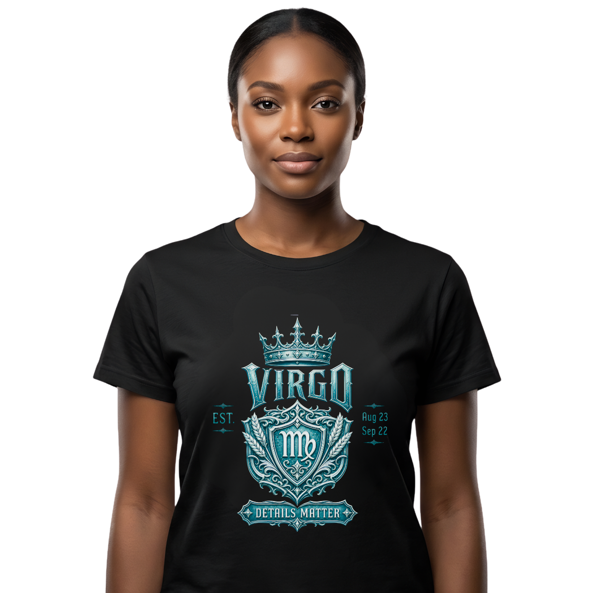 Virgo Details Matter model mock (1) Virgo “Details Matter”Gothic Crest T-Shirt